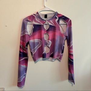abstract long sleeve crop top, pink & purple